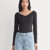 RetroSoft Cotton Wide V-Neck Top | Black