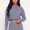 Cropped Brushed Ribbed Knit Hooded Sweater