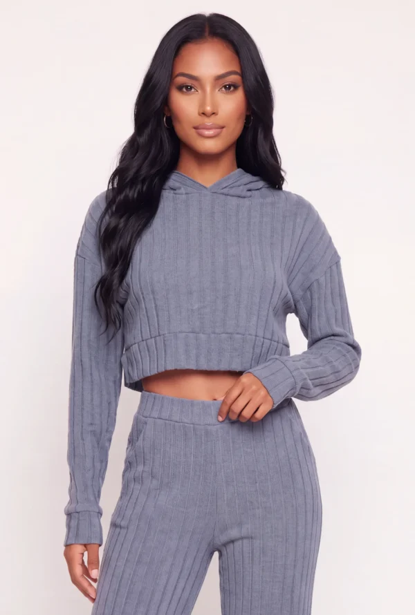 Cropped Brushed Ribbed Knit Hooded Sweater