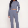 Cropped Brushed Ribbed Knit Hooded Sweater