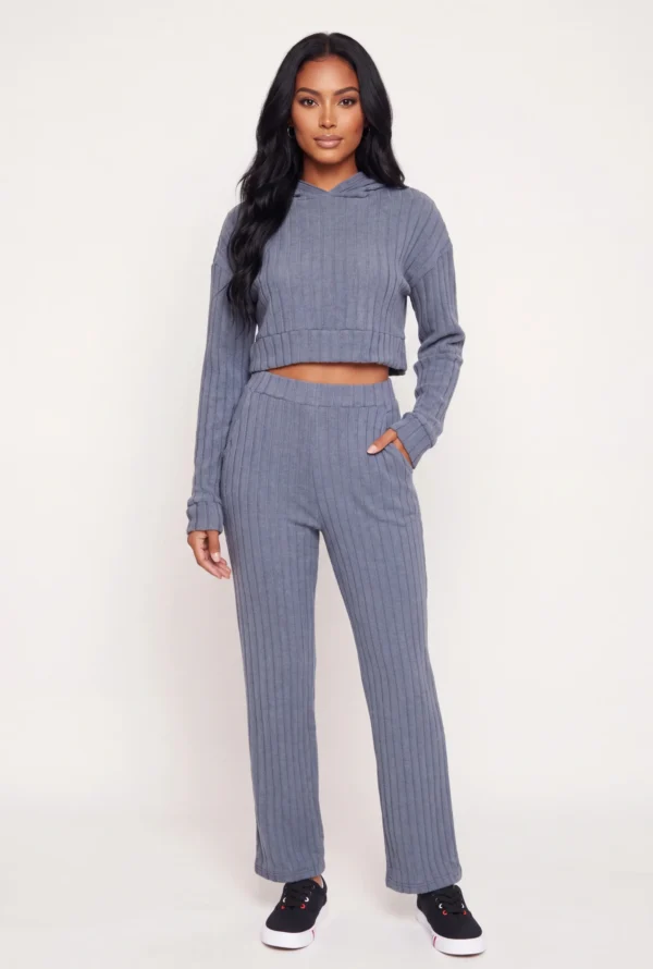 Cropped Brushed Ribbed Knit Hooded Sweater