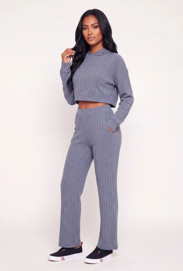 Cropped Brushed Ribbed Knit Hooded Sweater