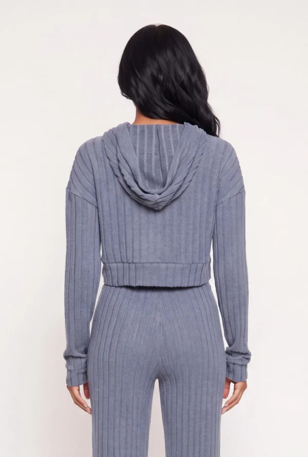 Cropped Brushed Ribbed Knit Hooded Sweater